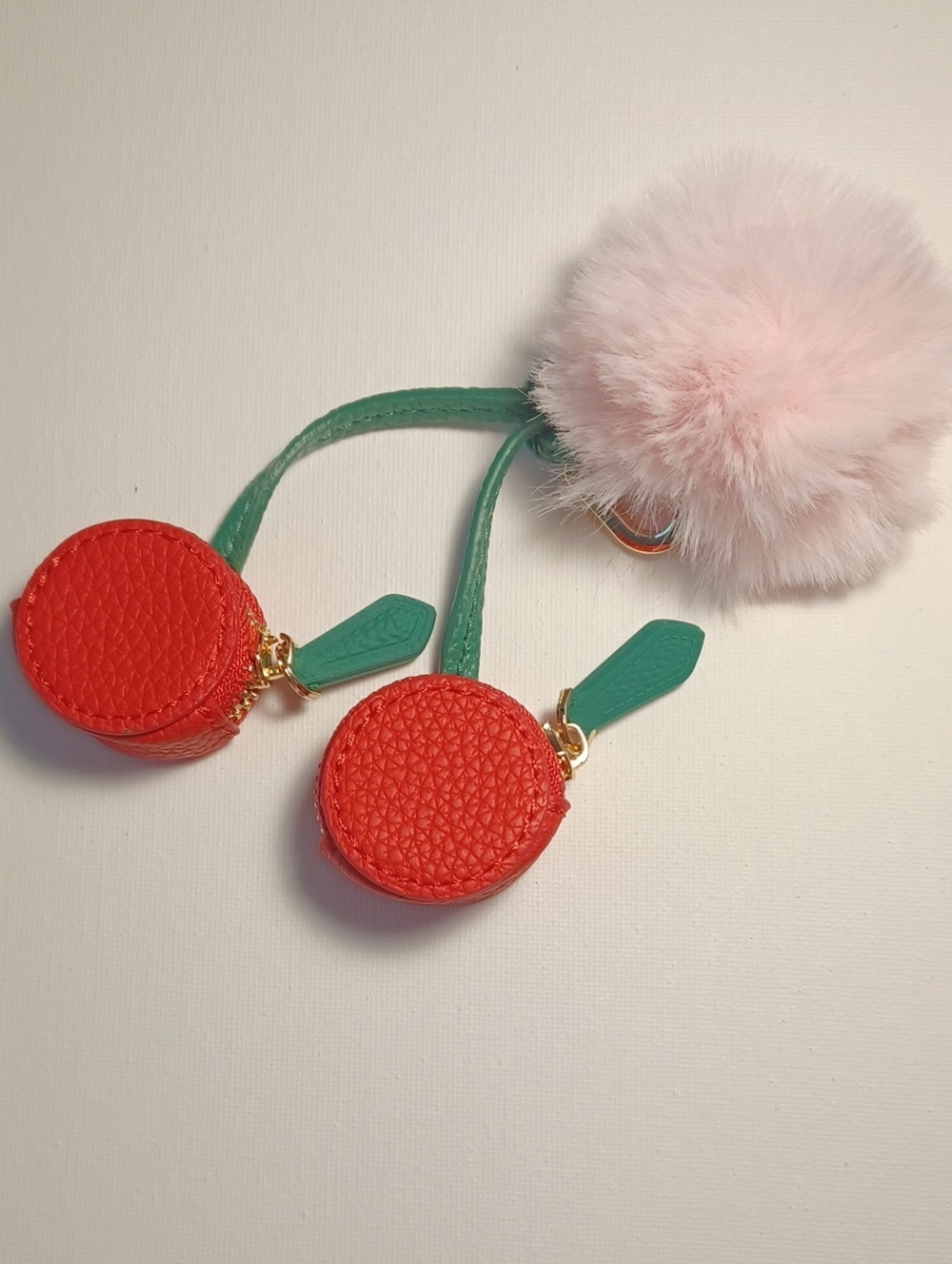 Pom Pom Cherry Coin Pouch Keychain - Red & Green with Pink Fur